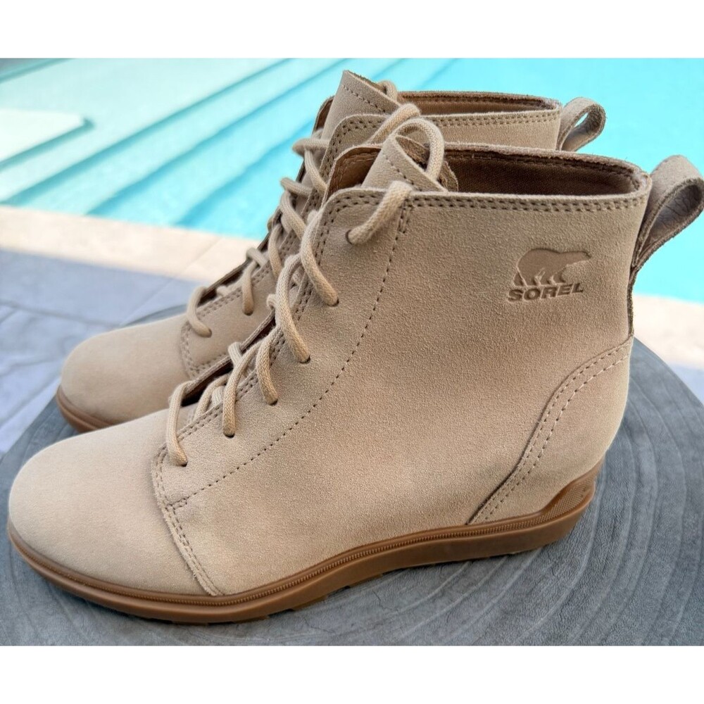 Sorel Evie II Lace Hidden Wedge Womens Tan/Beige Suede SZ 9 NEW